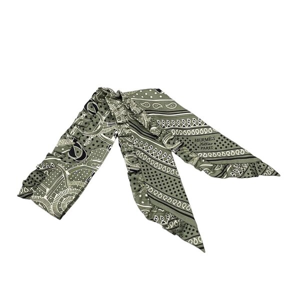 Auth HERMES Twilly - Green White Cream Silk Scarf - Picture 1 of 5